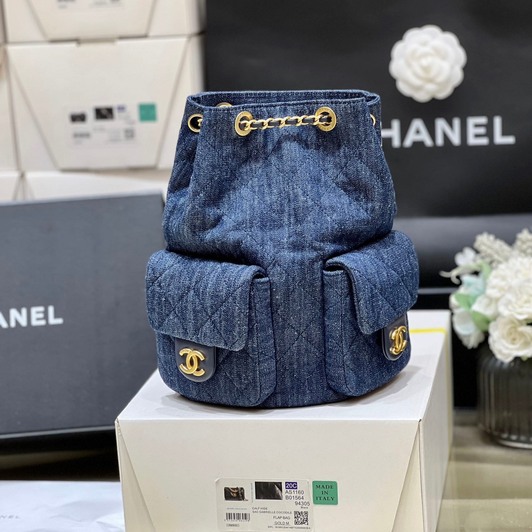 DRAWSTRING BUCKET BACKPACK 24 IN DARK BLUE DENIM GOLD HARDWARE – Bags ...